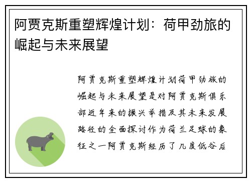 阿贾克斯重塑辉煌计划：荷甲劲旅的崛起与未来展望